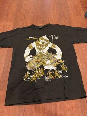 Vintage Thai Mythology Hanuman Transform Graphic T-Shirt Black Ramakien Art Tee